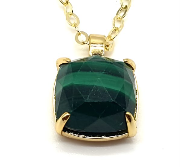 Collier Argent Plaqué Or et Malachite Carrée de 10x10mm