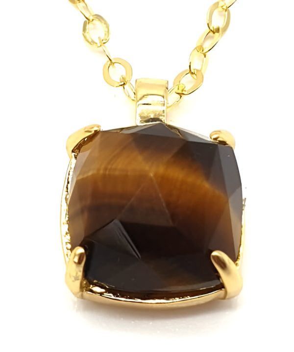 Collier Argent Plaqué Or et Oeil de tigre Carrée de 10x10mm