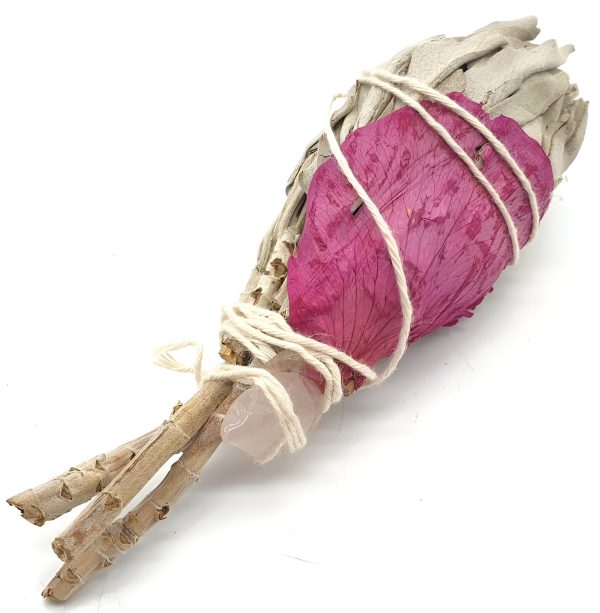Fagot de sauge Blanche de Californie Torche en quartz rose et fleur de rose Love spirit