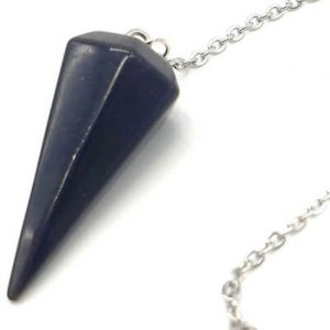 Pendule à facette en Obsidienne , chaine argentée et bille d obsidienne