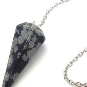 Pendule à facettes en Obsidienne dalmatienne , chaine argentée et bille d obsidienne